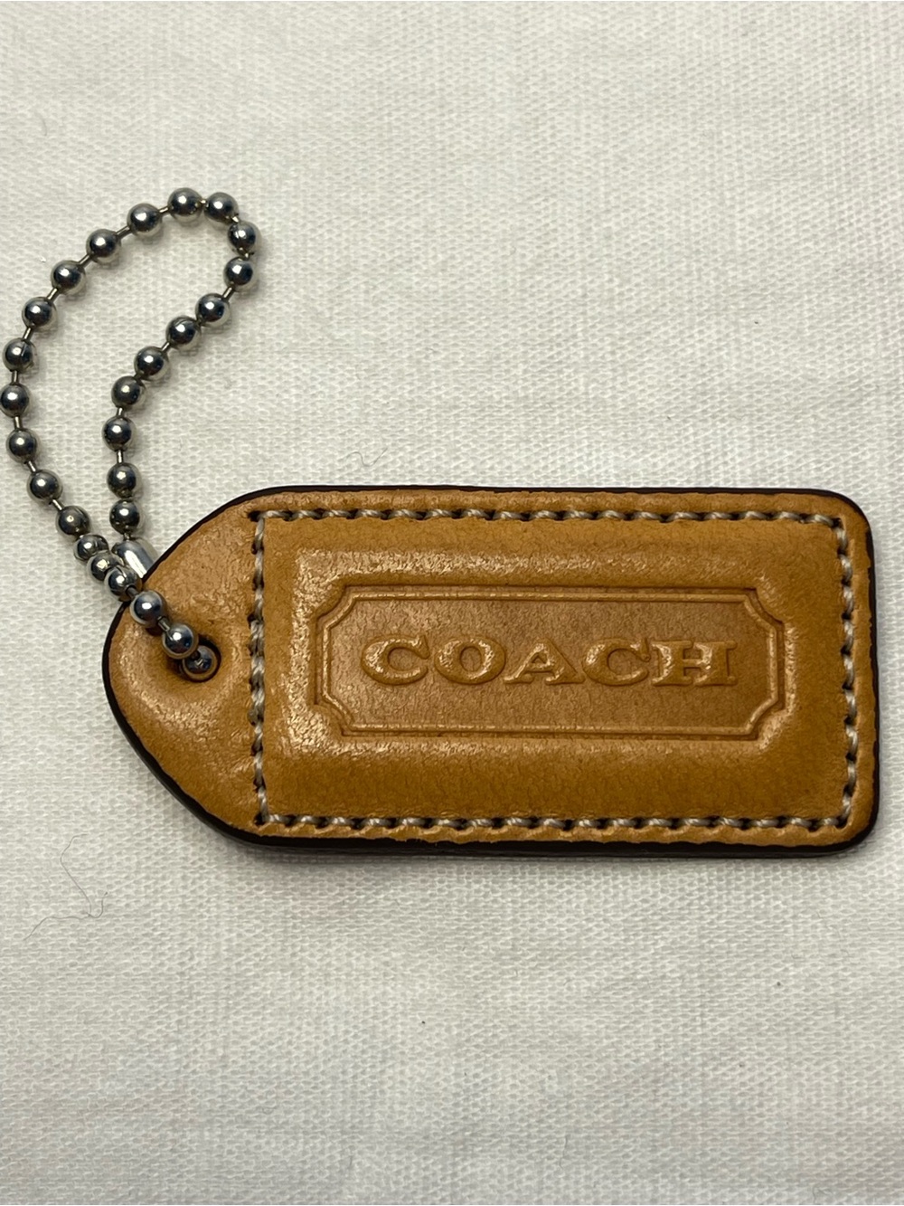 Coach Tan Leather Embossed Logo  Hang Tag with Ball Chain